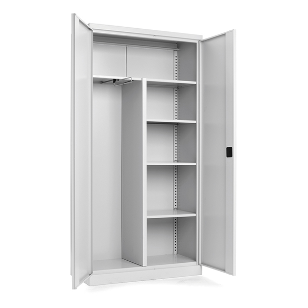 Kontorskab/Opbevaringsskab i stål med hængslede døre 1 lang hylde, 3 korte hylder, garderobestang (BxDxH) 1000 x 435 x 1990 mm