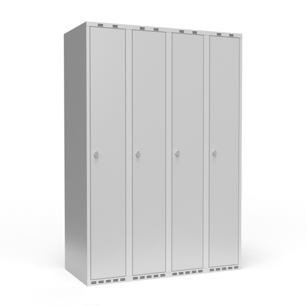 Garderobeskab 4x300 mm m/lige tag, 1 rum i højden og lys grå dør m/greb for hængelås