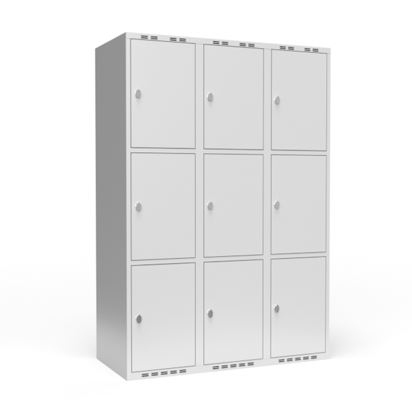 Garderobeskab 3x400 mm m/lige tag, 3 rum i højden og lys grå dør m/greb for hængelås