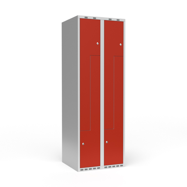 Garderobeskab 2x300 mm Lige tag 2-delt søjle Z-dør Rød dør Cylinderlås