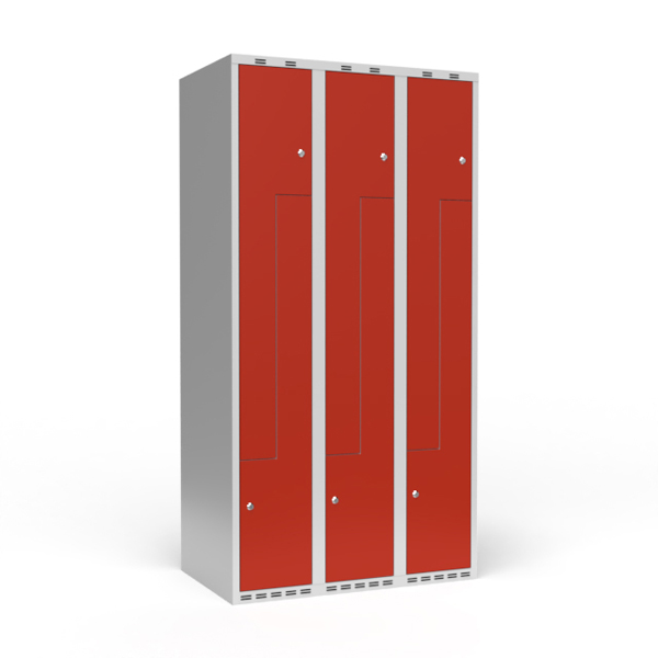 Garderobeskab 3x300 mm Lige tag 2-delt søjle Z-dør Rød dør Cylinderlås