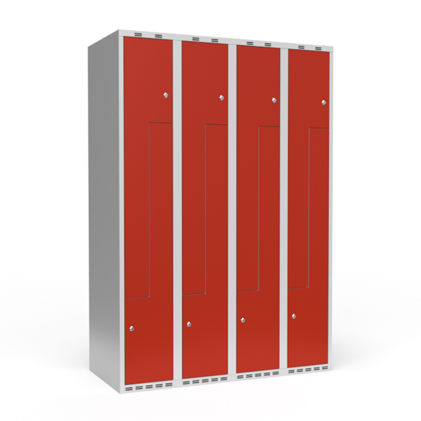 Garderobeskab 4x300 mm Lige tag 2-delt søjle Z-dør Rød dør Cylinderlås