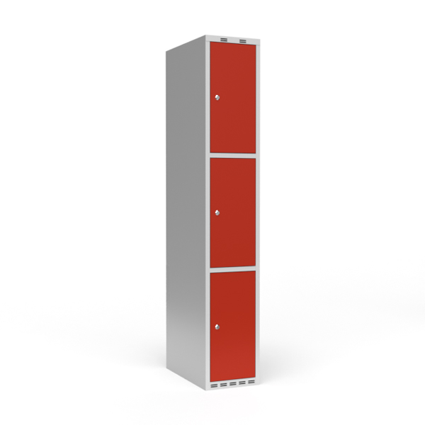Garderobeskab 1x300 mm Lige tag 3 rum i højden Rød dør Cylinderlås