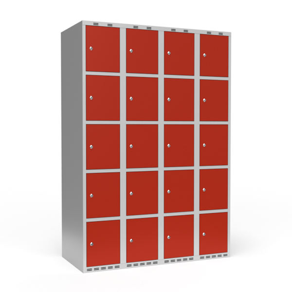 Garderobeskab 4x300 mm Lige tag 5 rum i højden Rød dør Cylinderlås