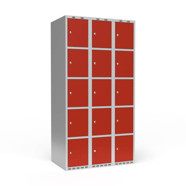 Garderobeskab 3x300 mm Lige tag 5 rum i højden Rød dør Cylinderlås