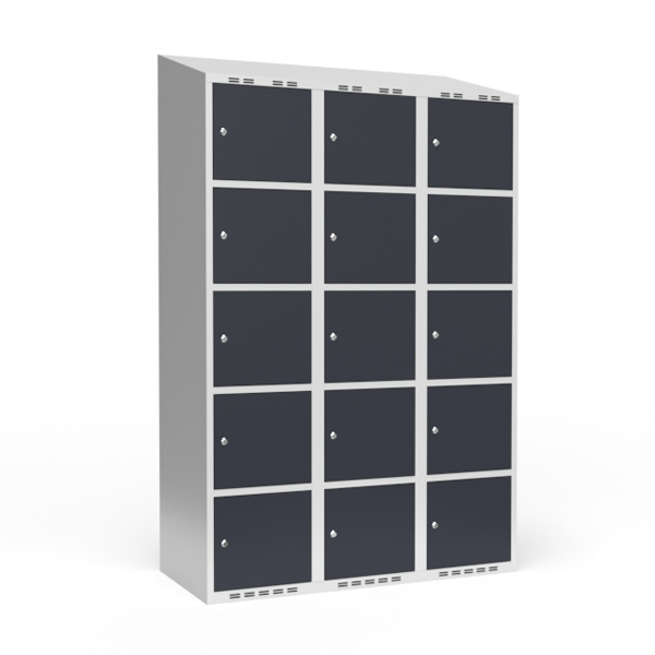 Garderobeskab 3x400 mm Skråt tag 5 rum i højden Antracit dør Cylinderlås