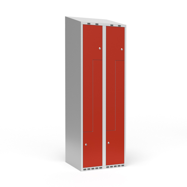 Garderobeskab 2x300 mm Skråt tag 2-delt søjle Z-dør Rød dør Cylinderlås