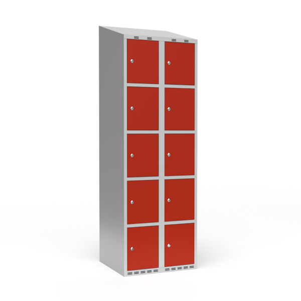 Garderobeskab 2x300 mm Skråt tag 5 rum i højden Rød dør Cylinderlås