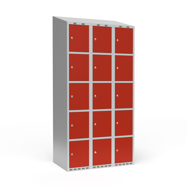 Garderobeskab 3x300 mm Skråt tag 5 rum i højden Rød dør Cylinderlås