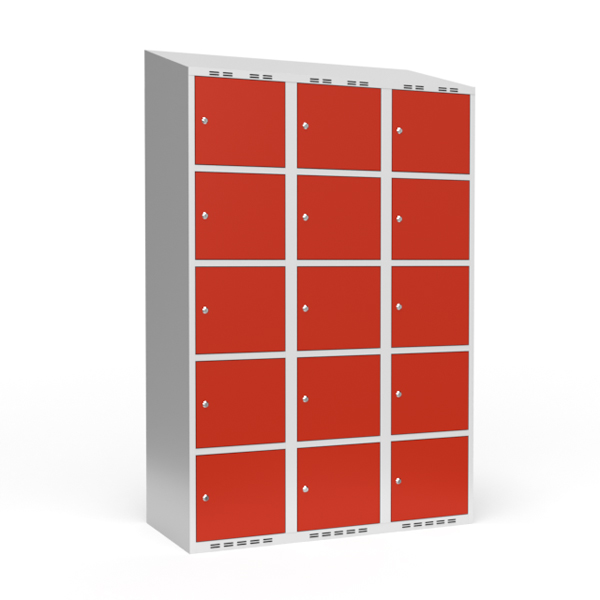 Garderobeskab 3x400 mm Skråt tag 5 rum i højden Rød dør Cylinderlås