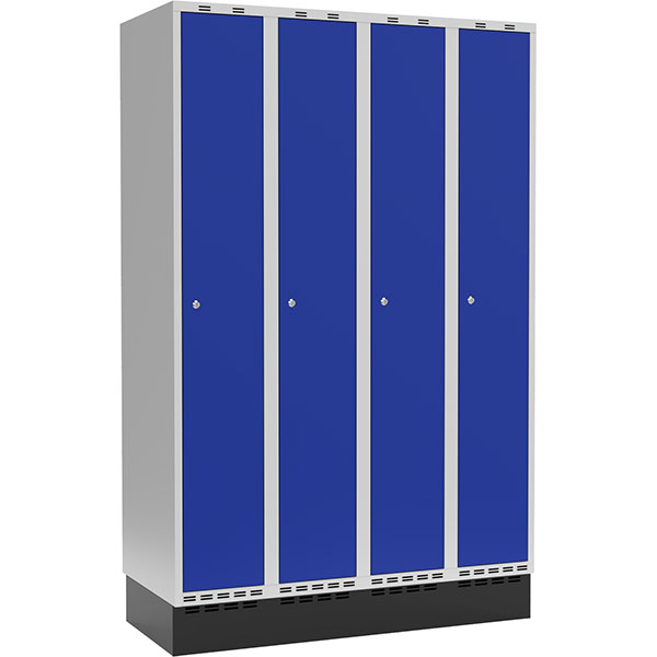 Garderobeskab 4x300mm m/lige tag, blå dør med cylinderlås og sokkel