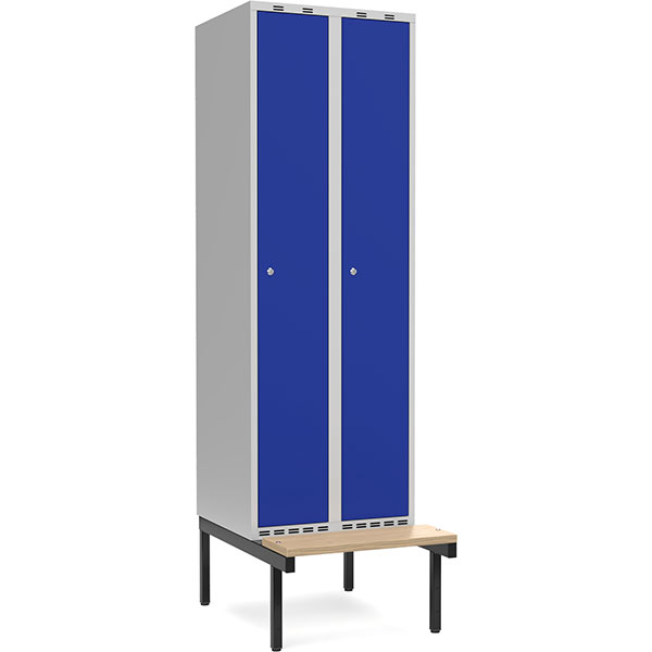 Garderobeskab 2x300mm m/lige tag, blå dør med cylinderlås og siddebænk